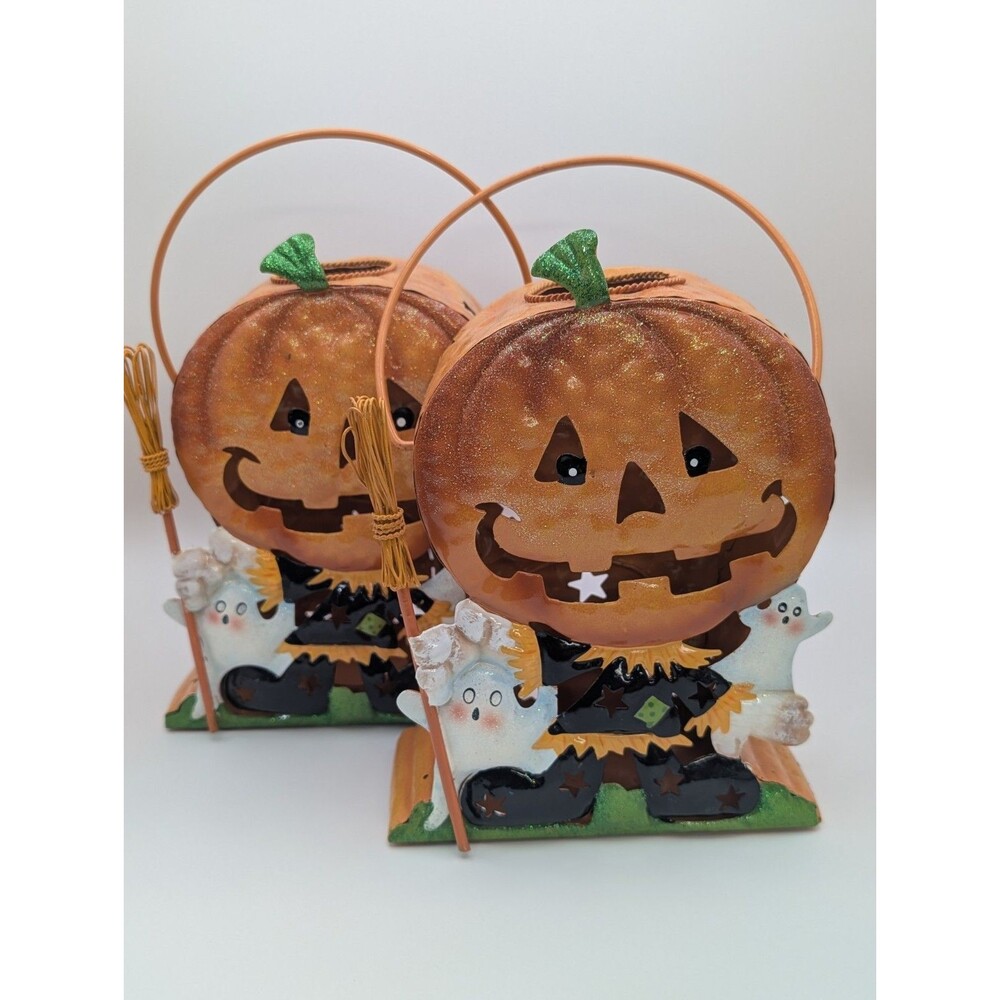 Lot of 2 Vintage Metal Halloween Pumpkin Scarecrow Lanterns Ghosts Broom Fall